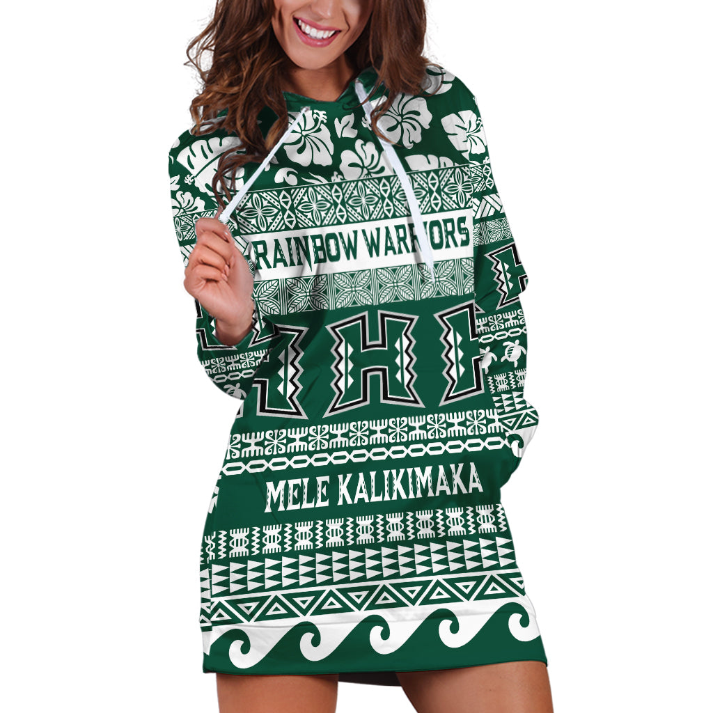 Hawaii Rainbow Warriors Christmas Hoodie Dress Kakau Motifs LT7 Green - Polynesian Pride