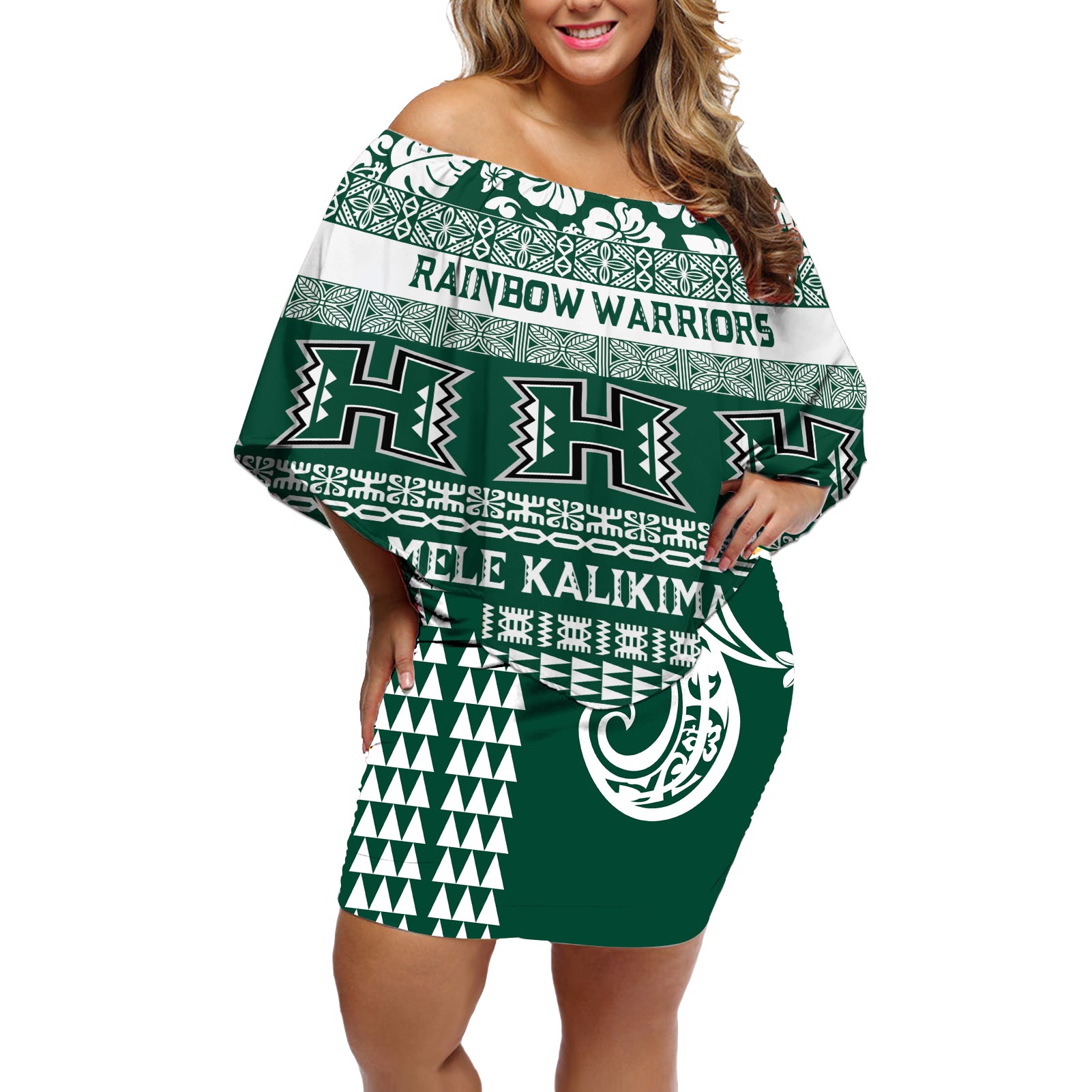 Hawaii Rainbow Warriors Christmas Off Shoulder Short Dress Kakau Motifs LT7 Women Green - Polynesian Pride