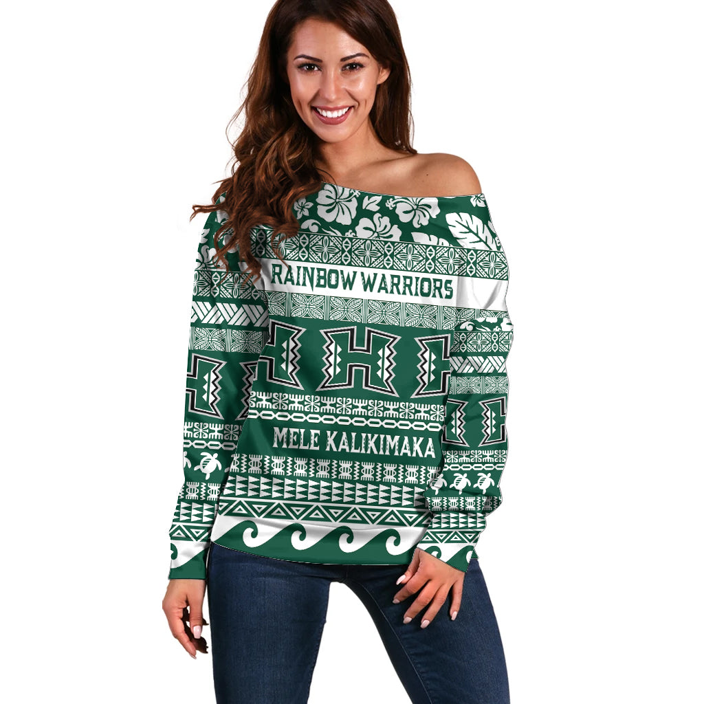 Hawaii Rainbow Warriors Christmas Off Shoulder Sweater Kakau Motifs LT7 Women Green - Polynesian Pride