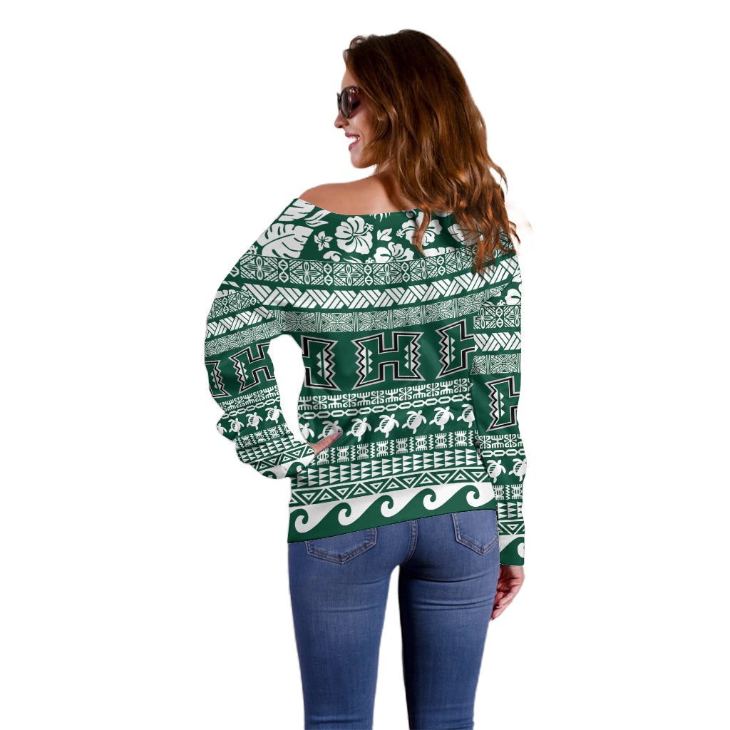 Hawaii Rainbow Warriors Christmas Off Shoulder Sweater Kakau Motifs LT7 - Polynesian Pride