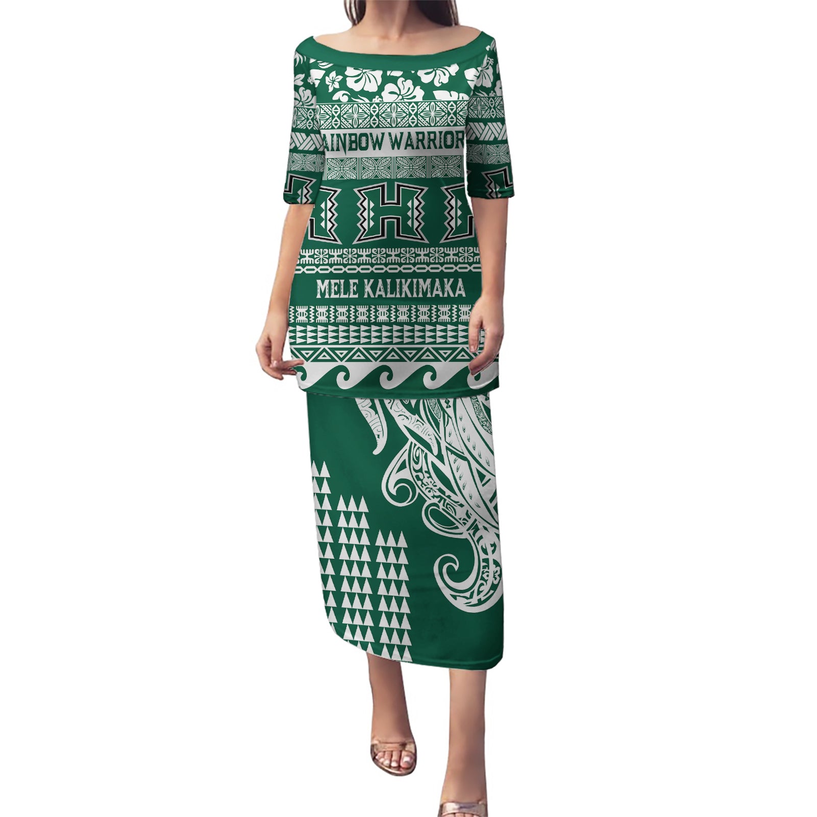 Hawaii Rainbow Warriors Christmas Puletasi Kakau Motifs LT7 Long Dress Green - Polynesian Pride