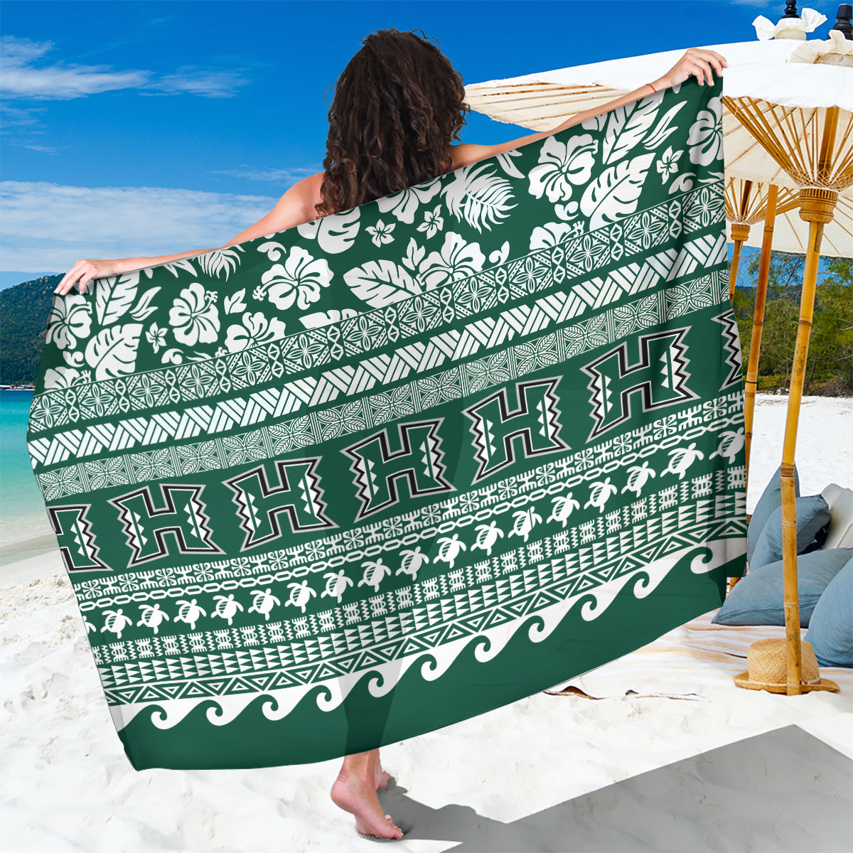 Hawaii Rainbow Warriors Christmas Sarong Kakau Motifs LT7 One Size 44 x 66 inches Green - Polynesian Pride