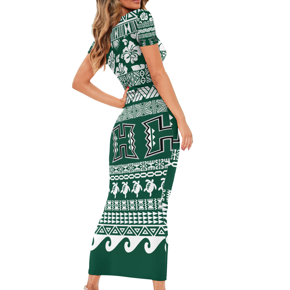 Hawaii Rainbow Warriors Christmas Short Sleeve Bodycon Dress Kakau Motifs LT7 - Polynesian Pride