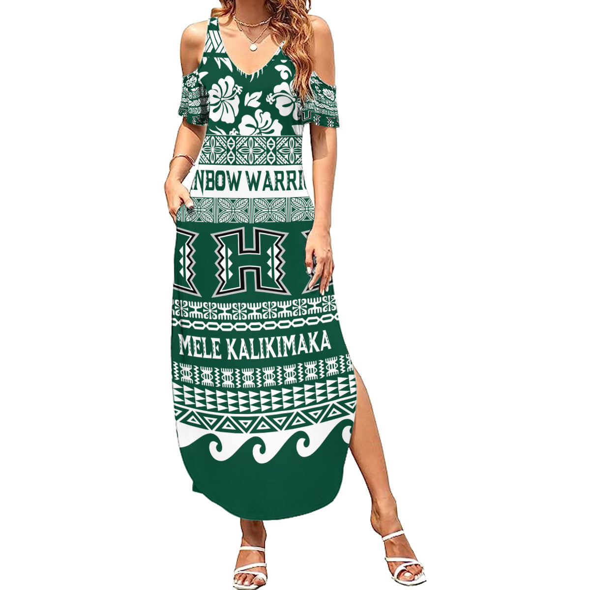 Hawaii Rainbow Warriors Christmas Summer Maxi Dress Kakau Motifs LT7 Women Green - Polynesian Pride