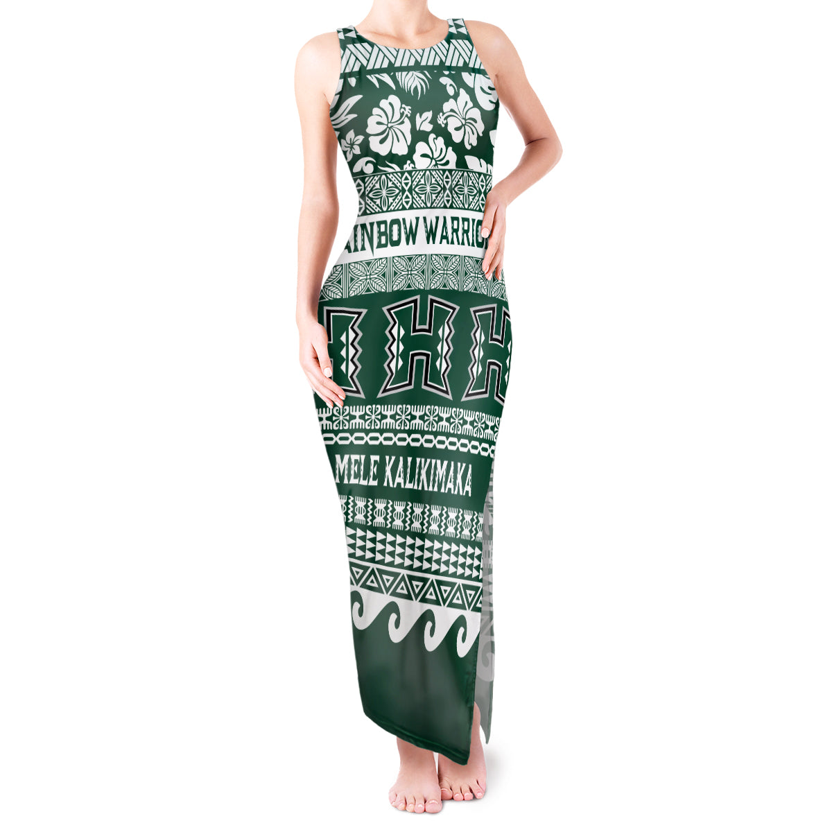 Hawaii Rainbow Warriors Christmas Tank Maxi Dress Kakau Motifs LT7 Women Green - Polynesian Pride