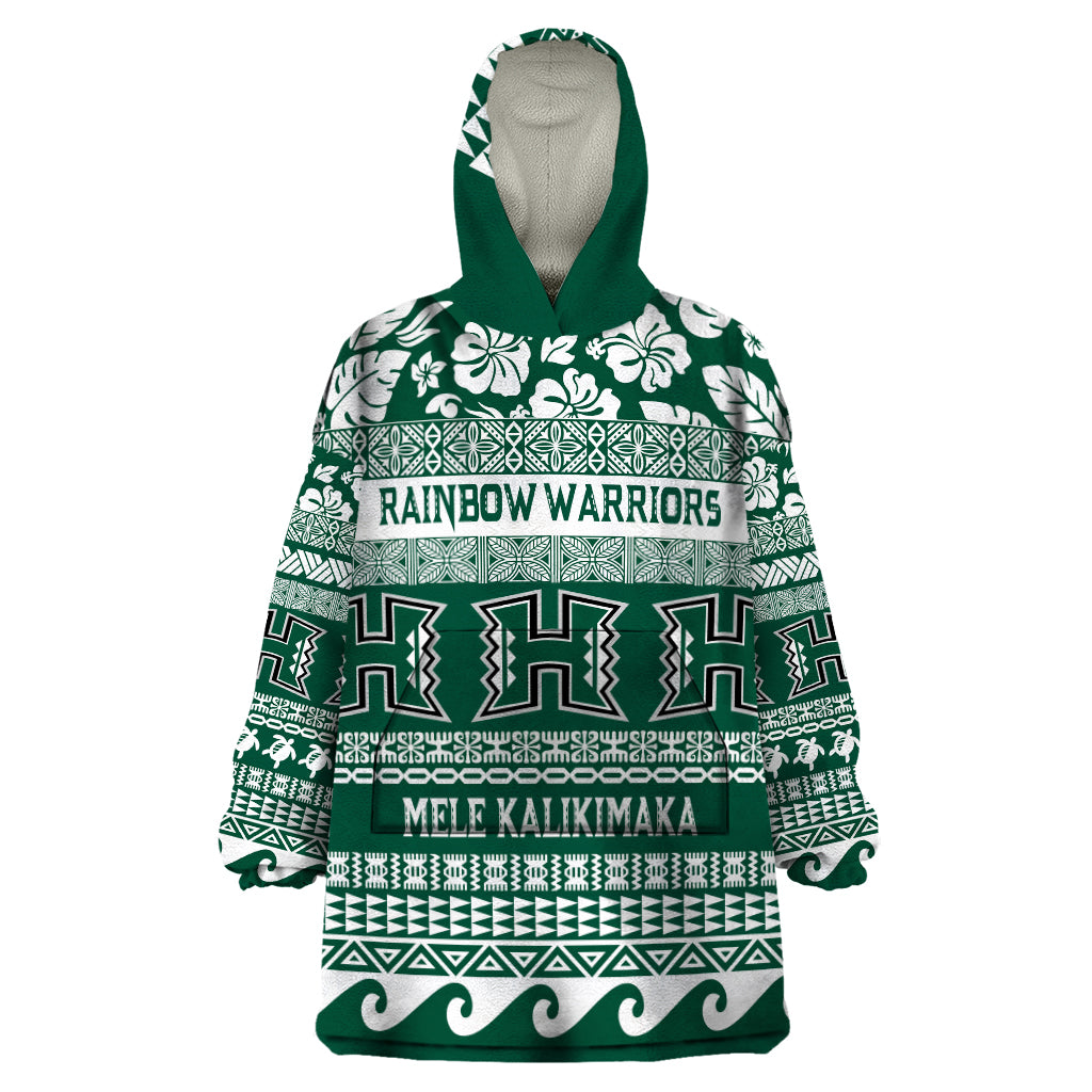 Hawaii Rainbow Warriors Christmas Wearable Blanket Hoodie Kakau Motifs LT7 One Size Green - Polynesian Pride