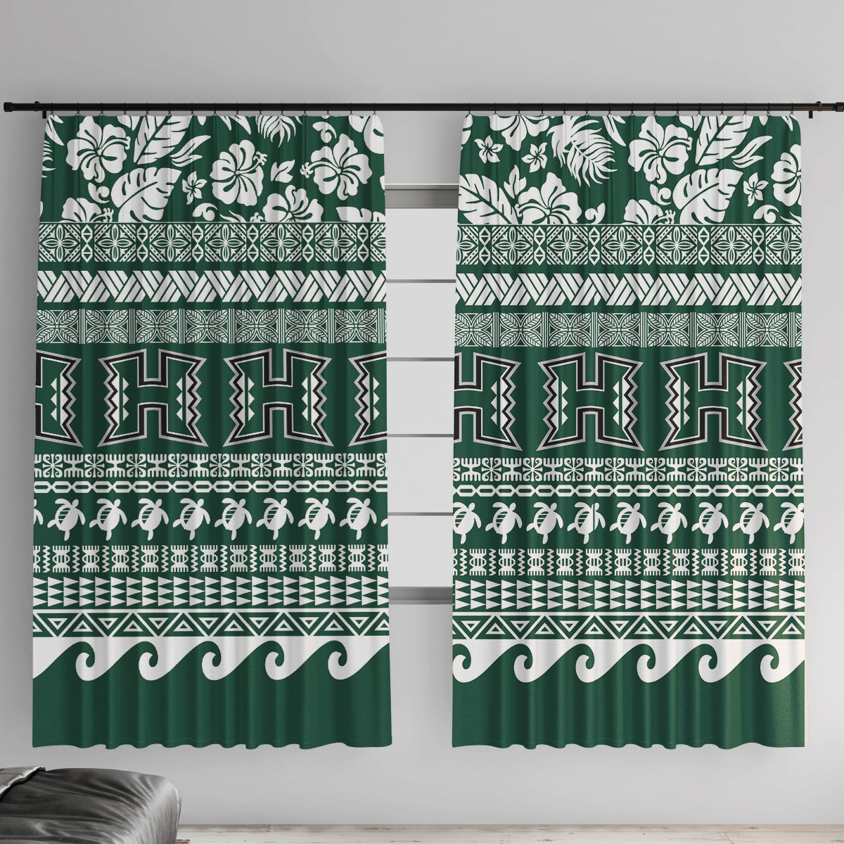 Hawaii Rainbow Warriors Christmas Window Curtain Kakau Motifs LT7 With Hooks Green - Polynesian Pride