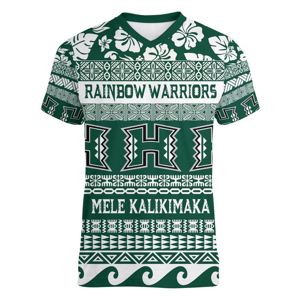 Hawaii Rainbow Warriors Christmas Women V Neck T Shirt Kakau Motifs LT7 Female Green - Polynesian Pride