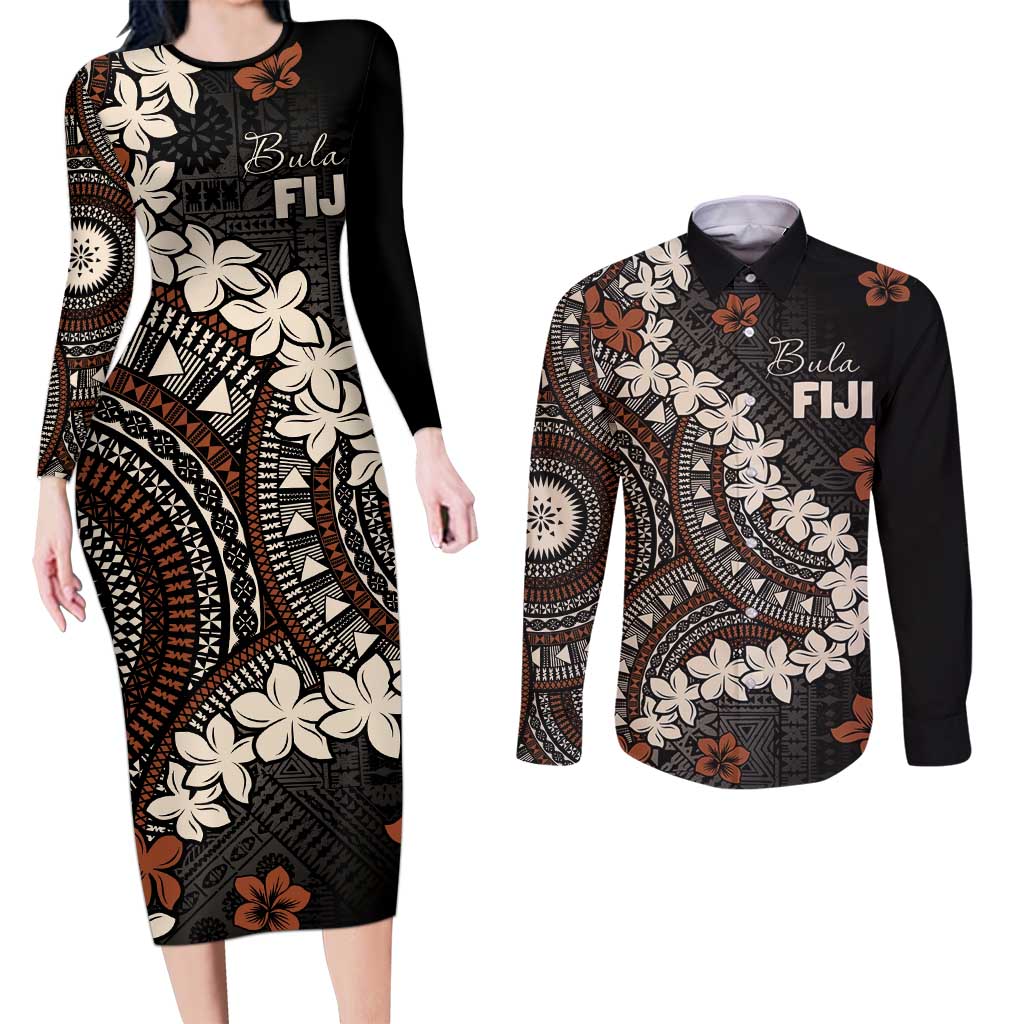 Bula Fiji Women's Day Couples Matching Long Sleeve Bodycon Dress and Long Sleeve Button Shirt Classic Masi Tapa