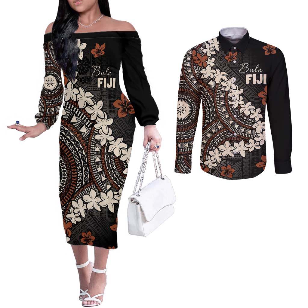 Bula Fiji Women's Day Couples Matching Off The Shoulder Long Sleeve Dress and Long Sleeve Button Shirt Classic Masi Tapa