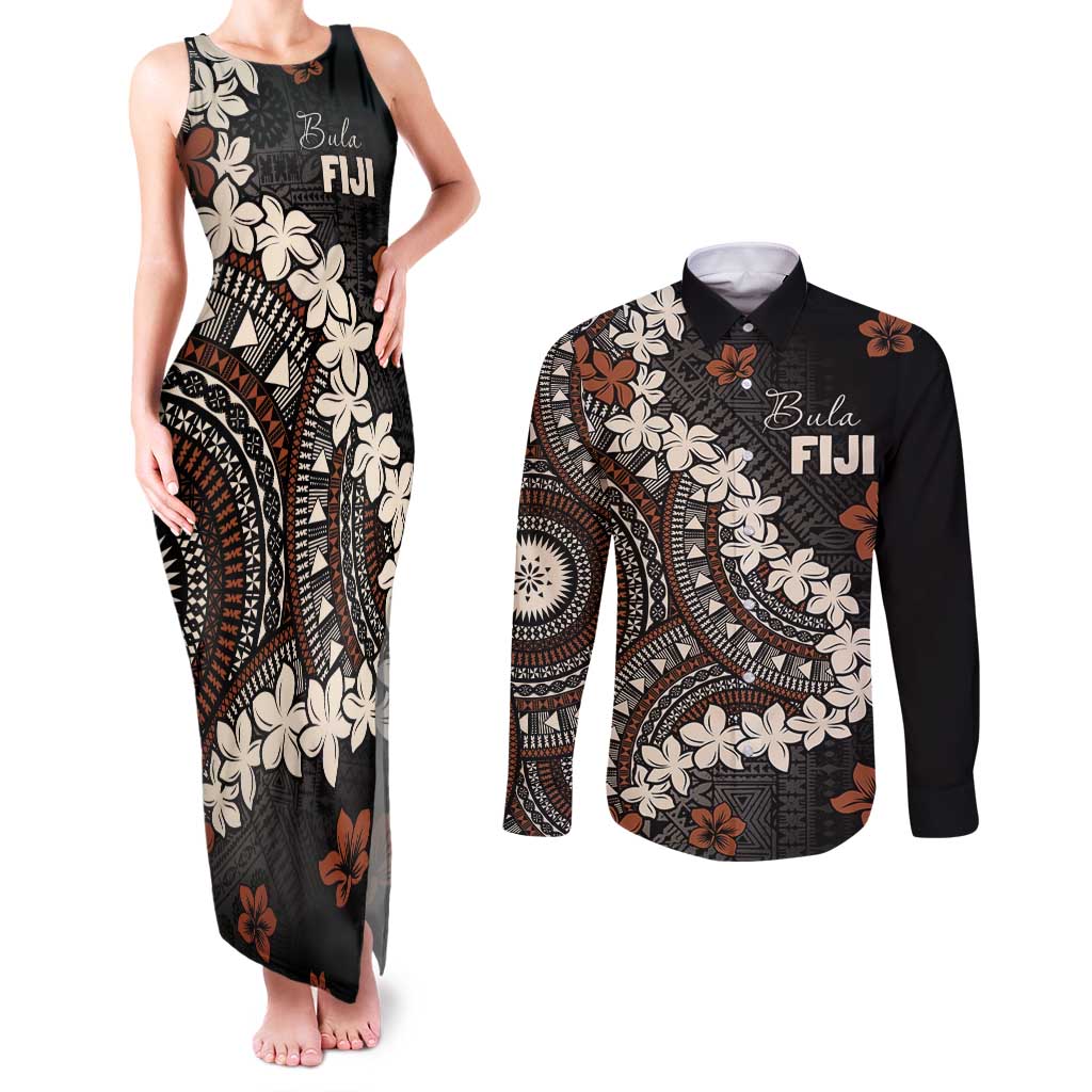 Bula Fiji Women's Day Couples Matching Tank Maxi Dress and Long Sleeve Button Shirt Classic Masi Tapa
