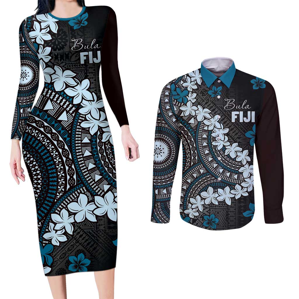 Bula Fiji Women's Day Couples Matching Long Sleeve Bodycon Dress and Long Sleeve Button Shirt Indigo Masi Tapa