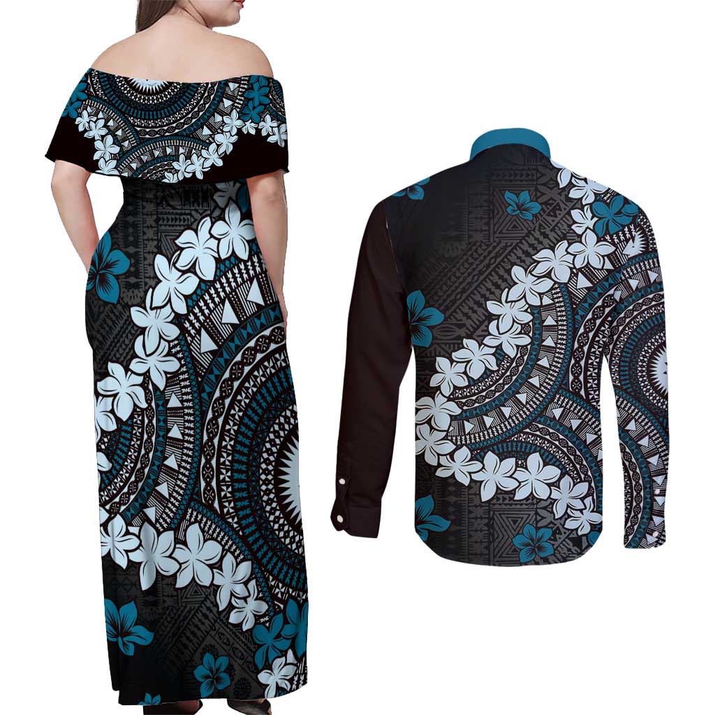 Bula Fiji Women's Day Couples Matching Off Shoulder Maxi Dress and Long Sleeve Button Shirt Indigo Masi Tapa