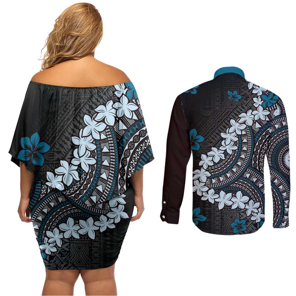 Bula Fiji Women's Day Couples Matching Off Shoulder Short Dress and Long Sleeve Button Shirt Indigo Masi Tapa