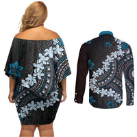 Bula Fiji Women's Day Couples Matching Off Shoulder Short Dress and Long Sleeve Button Shirt Indigo Masi Tapa