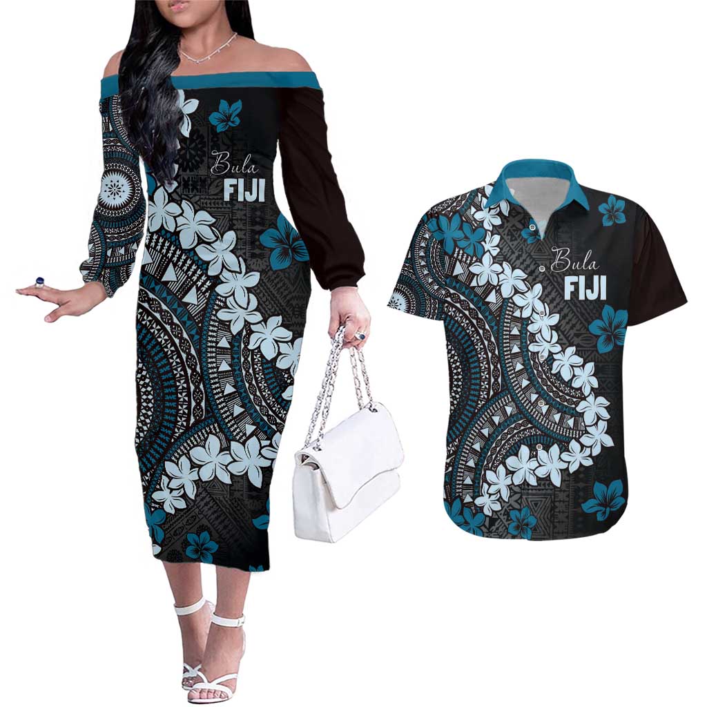 Bula Fiji Women's Day Couples Matching Off The Shoulder Long Sleeve Dress and Hawaiian Shirt Indigo Masi Tapa