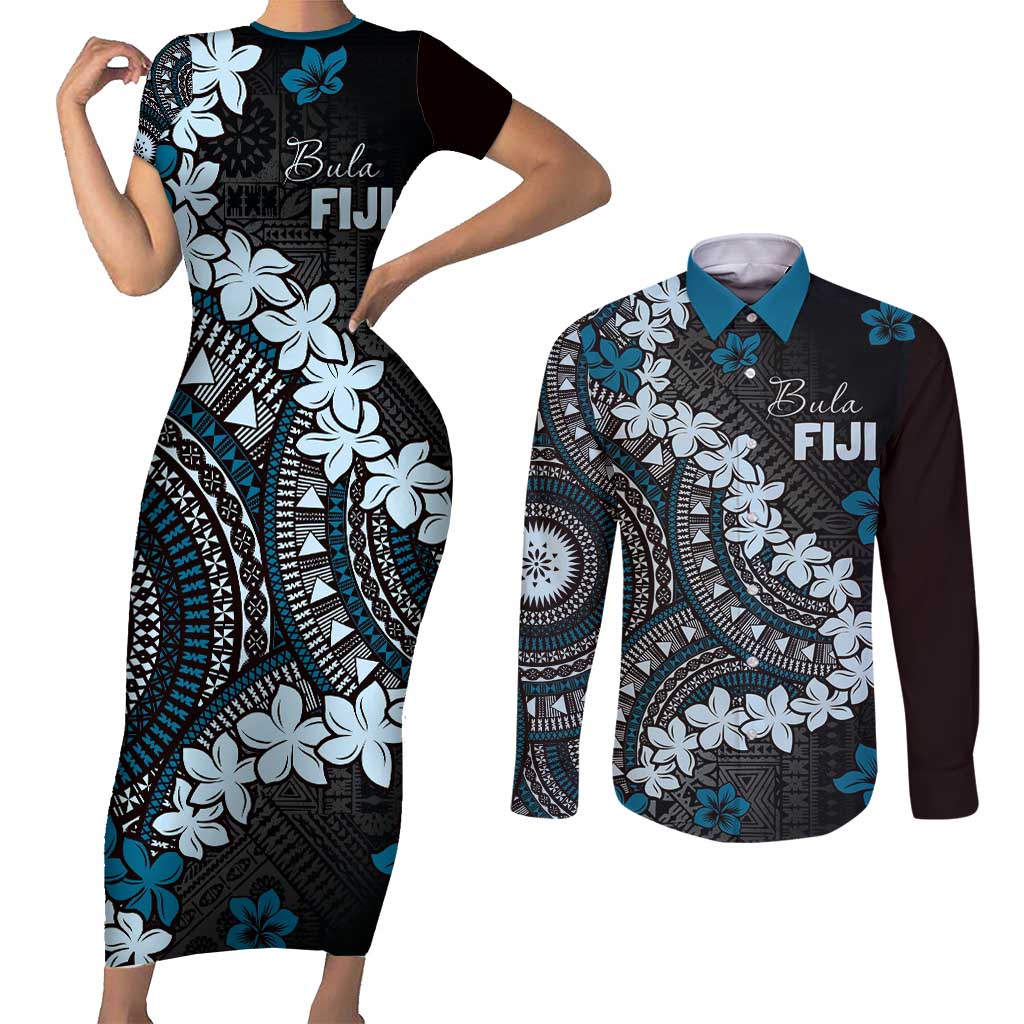 Bula Fiji Women's Day Couples Matching Short Sleeve Bodycon Dress and Long Sleeve Button Shirt Indigo Masi Tapa