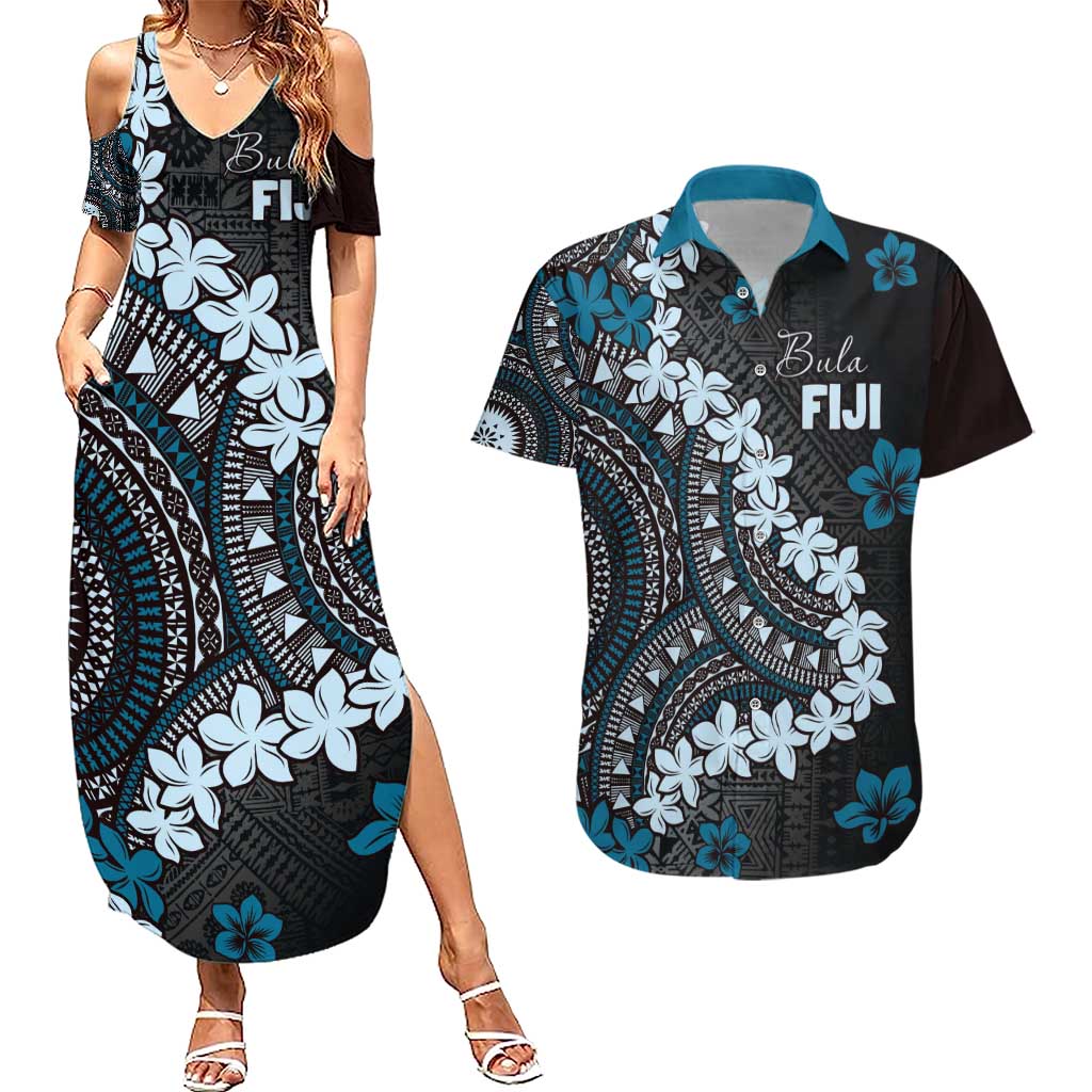Bula Fiji Women's Day Couples Matching Summer Maxi Dress and Hawaiian Shirt Indigo Masi Tapa
