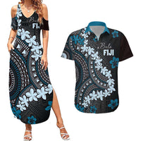 Bula Fiji Women's Day Couples Matching Summer Maxi Dress and Hawaiian Shirt Indigo Masi Tapa