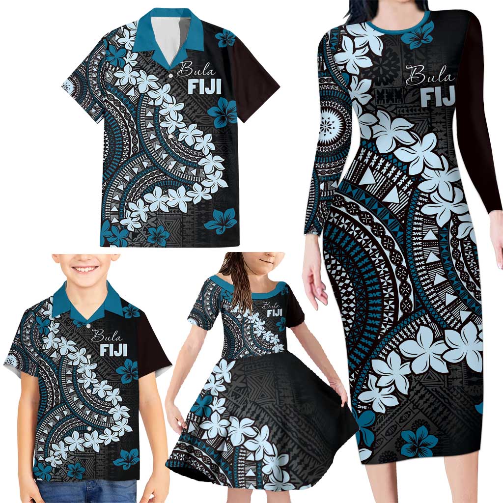 Bula Fiji Women's Day Family Matching Long Sleeve Bodycon Dress and Hawaiian Shirt Indigo Masi Tapa