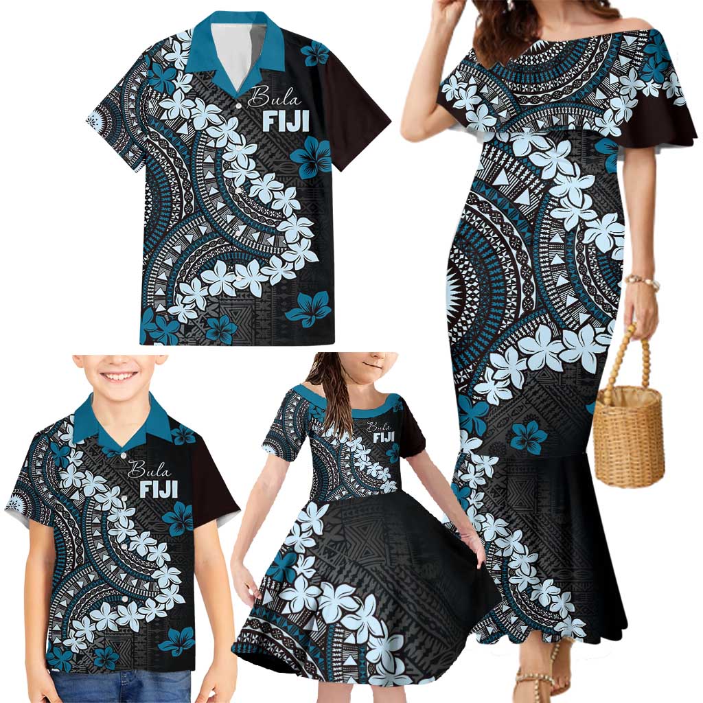 Bula Fiji Women's Day Family Matching Mermaid Dress and Hawaiian Shirt Indigo Masi Tapa