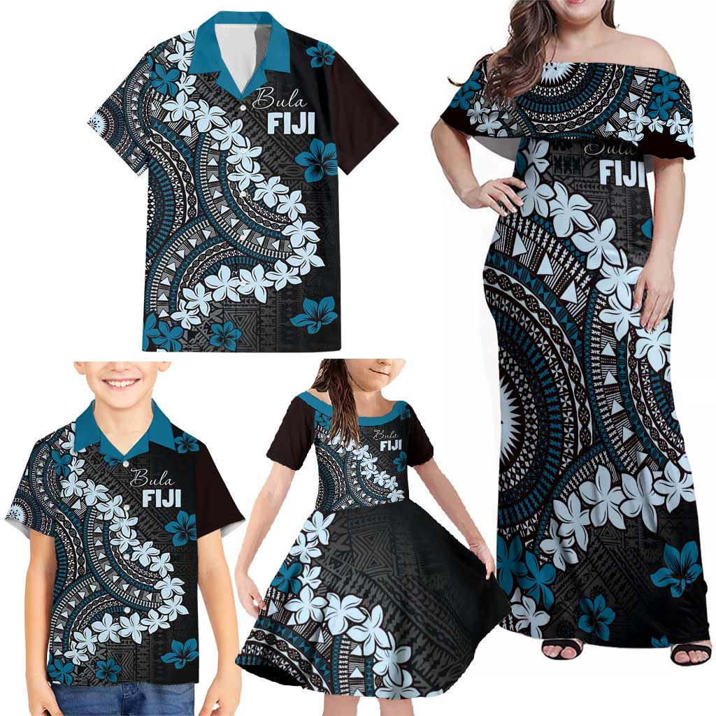 Bula Fiji Women's Day Family Matching Off Shoulder Maxi Dress and Hawaiian Shirt Indigo Masi Tapa