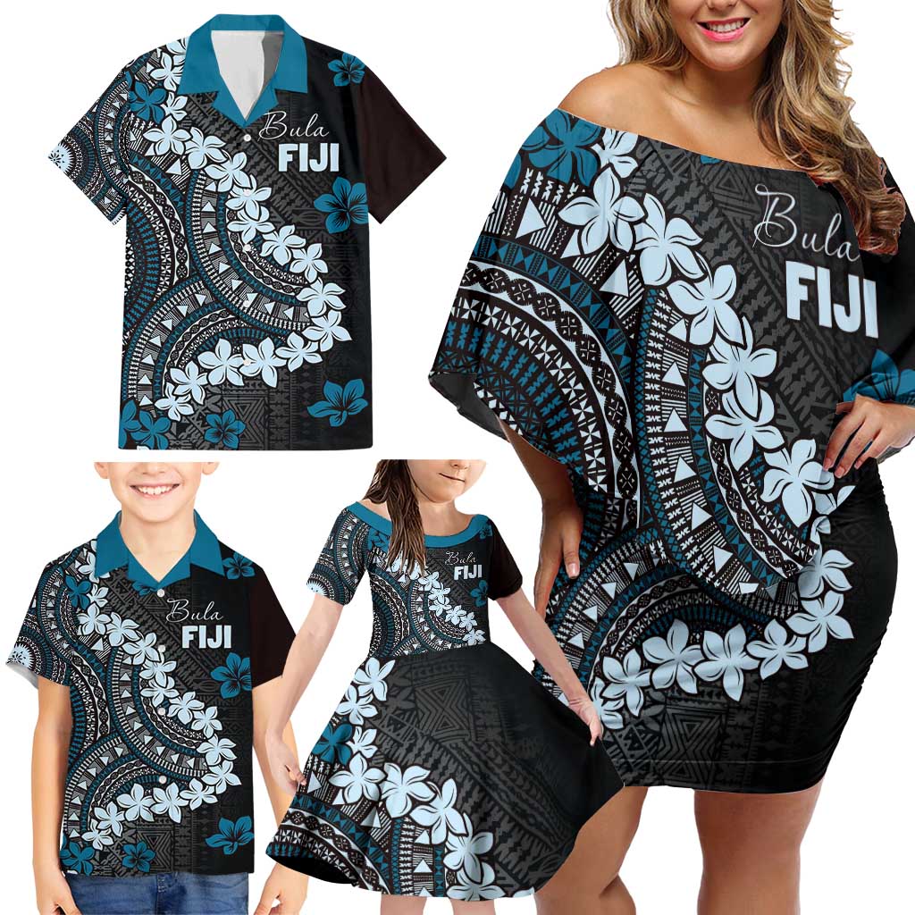 Bula Fiji Women's Day Family Matching Off Shoulder Short Dress and Hawaiian Shirt Indigo Masi Tapa