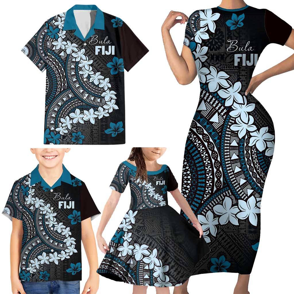 Bula Fiji Women's Day Family Matching Short Sleeve Bodycon Dress and Hawaiian Shirt Indigo Masi Tapa