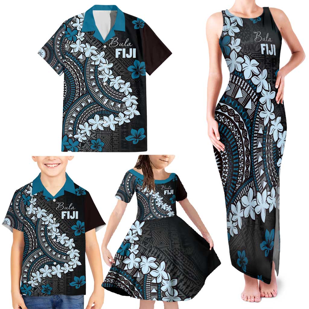 Bula Fiji Women's Day Family Matching Tank Maxi Dress and Hawaiian Shirt Indigo Masi Tapa