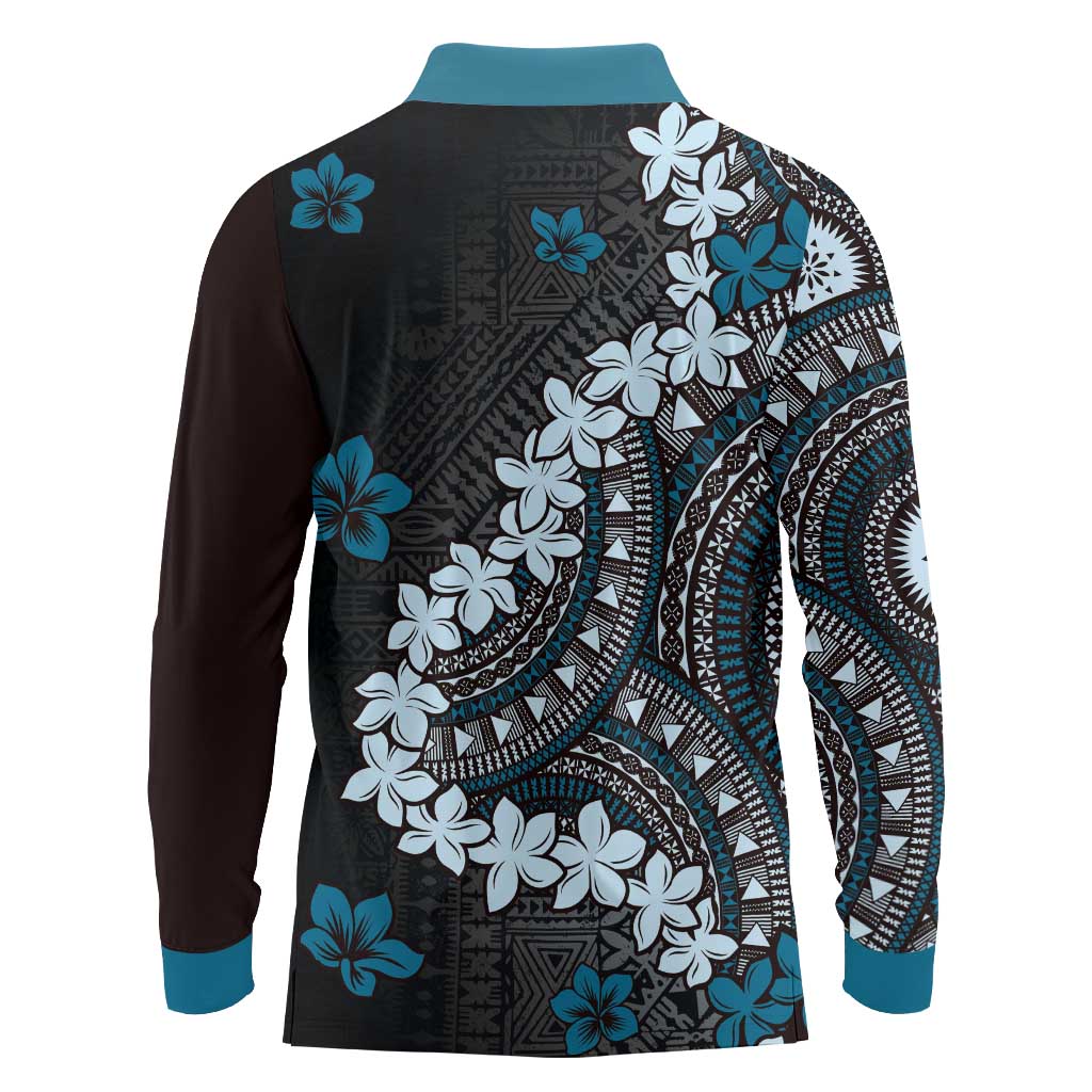 Bula Fiji Women's Day Long Sleeve Polo Shirt Indigo Masi Tapa