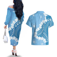 Bula Fiji Women's Day Couples Matching Off The Shoulder Long Sleeve Dress and Hawaiian Shirt Turquoise Masi Tapa