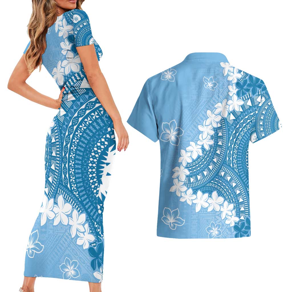 Bula Fiji Women's Day Couples Matching Short Sleeve Bodycon Dress and Hawaiian Shirt Turquoise Masi Tapa