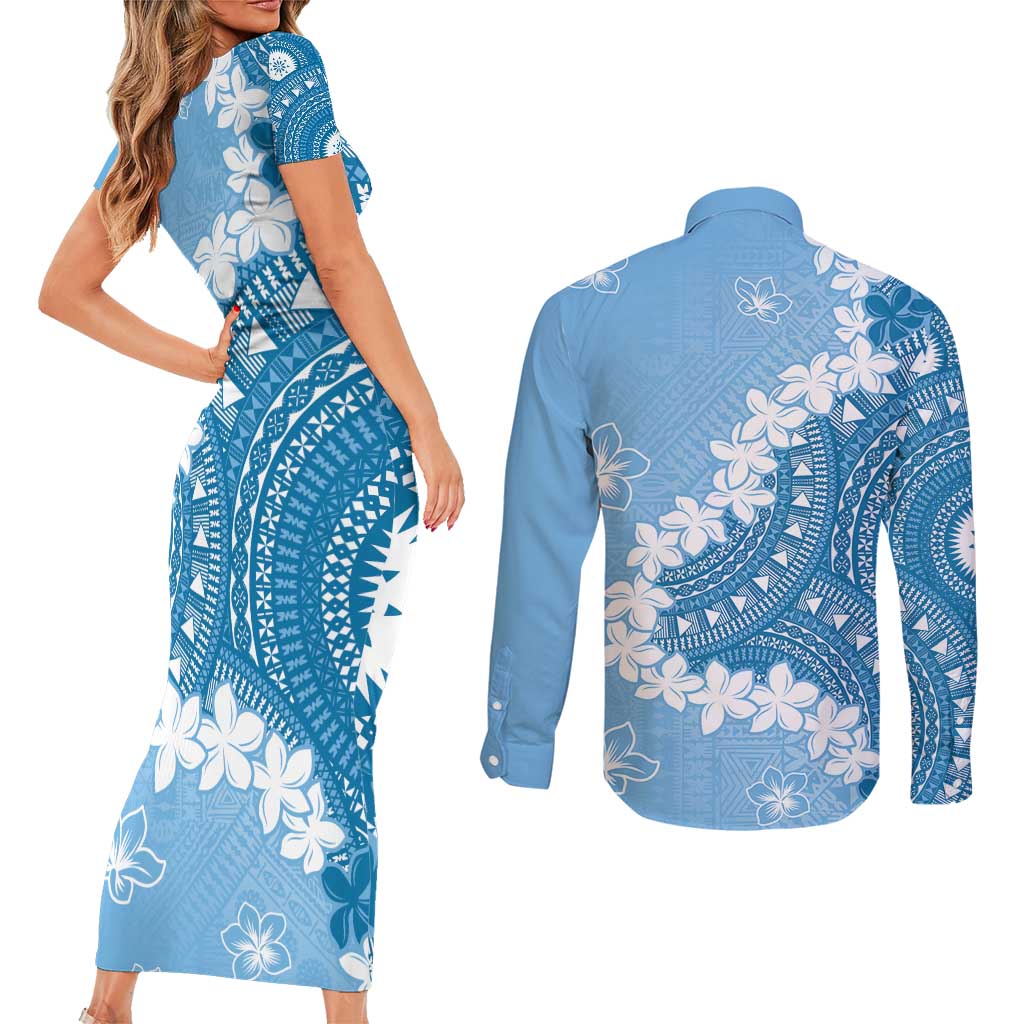 Bula Fiji Women's Day Couples Matching Short Sleeve Bodycon Dress and Long Sleeve Button Shirt Turquoise Masi Tapa
