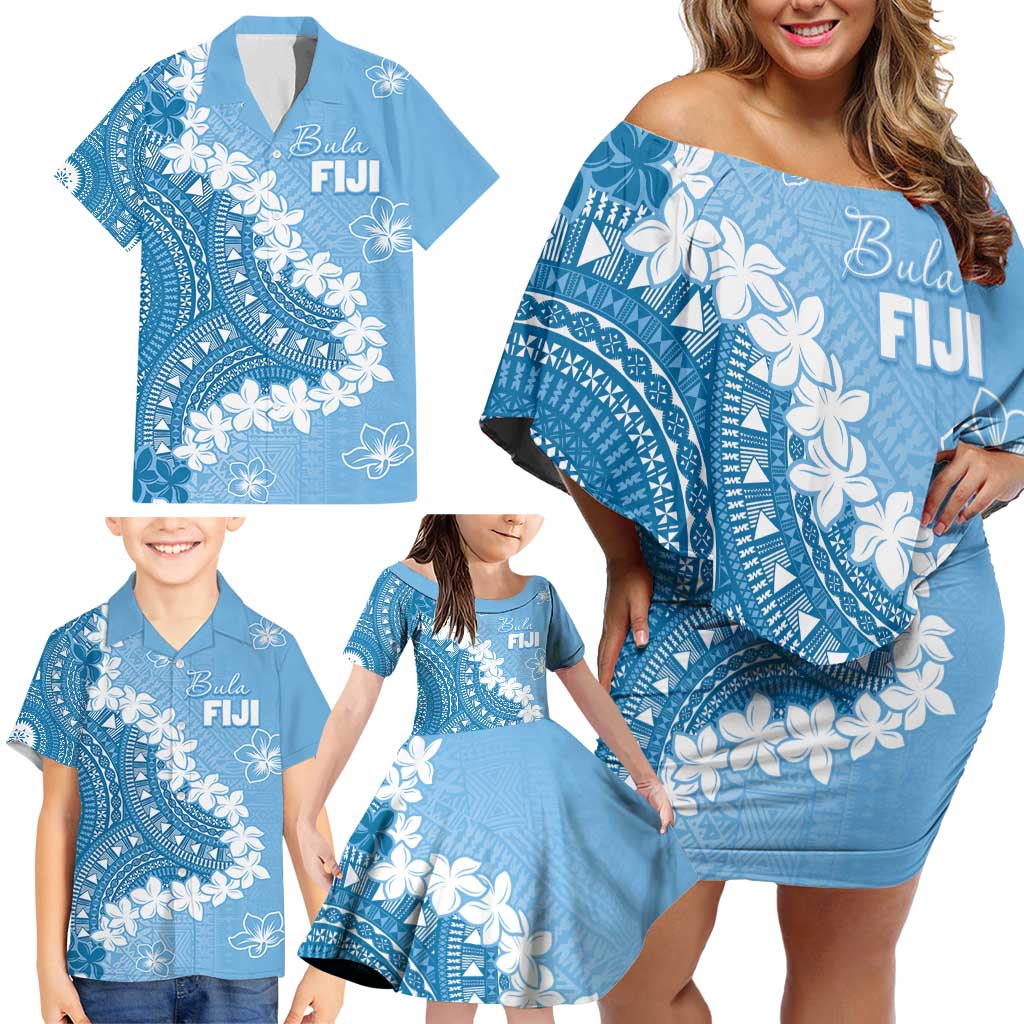 Bula Fiji Women's Day Family Matching Off Shoulder Short Dress and Hawaiian Shirt Turquoise Masi Tapa