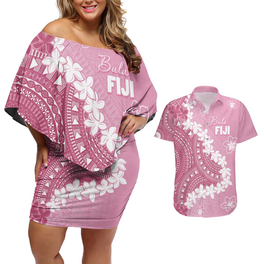 Bula Fiji Women's Day Couples Matching Off Shoulder Short Dress and Hawaiian Shirt Pink Masi Tapa