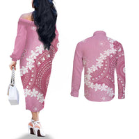Bula Fiji Women's Day Couples Matching Off The Shoulder Long Sleeve Dress and Long Sleeve Button Shirt Pink Masi Tapa