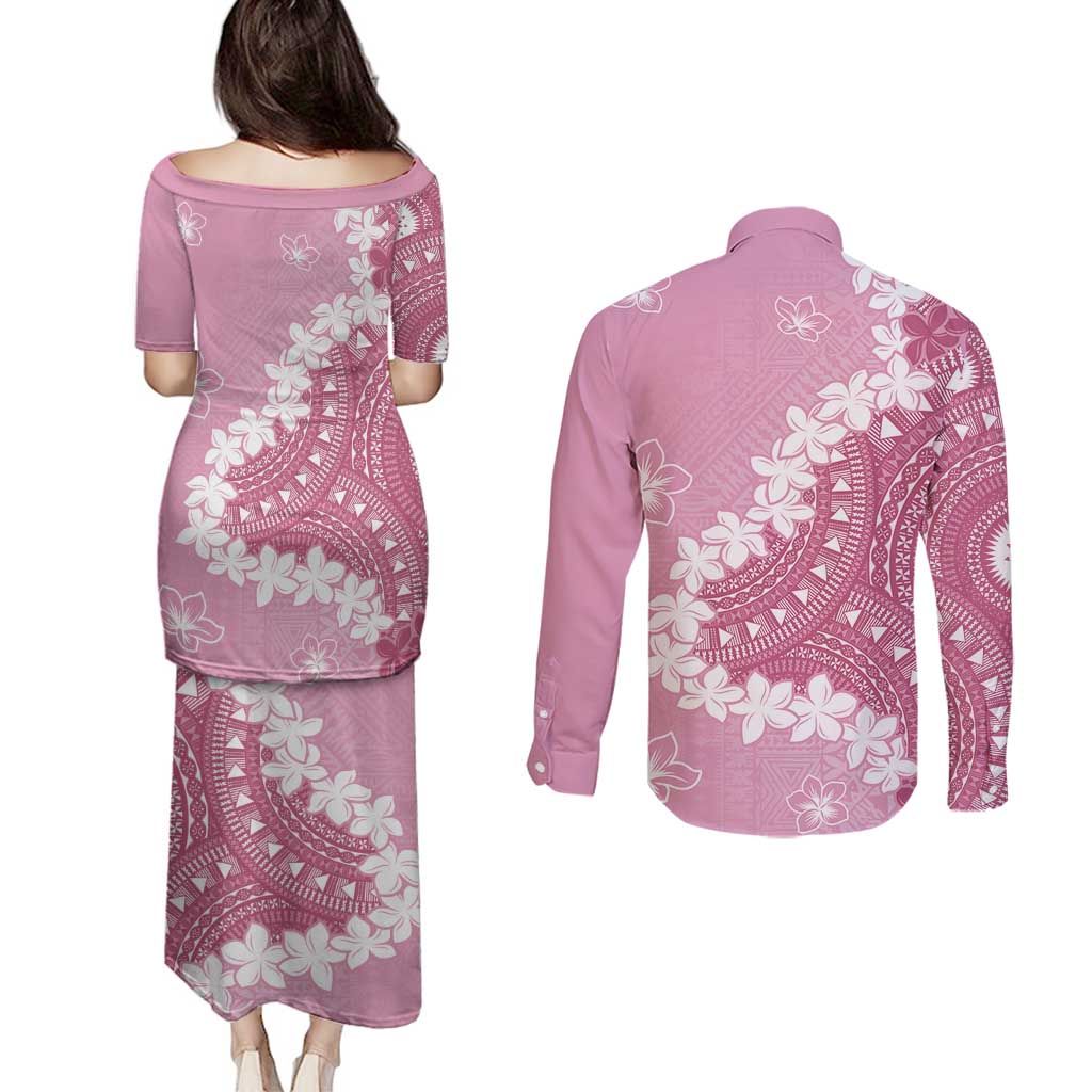 Bula Fiji Women's Day Couples Matching Puletasi and Long Sleeve Button Shirt Pink Masi Tapa
