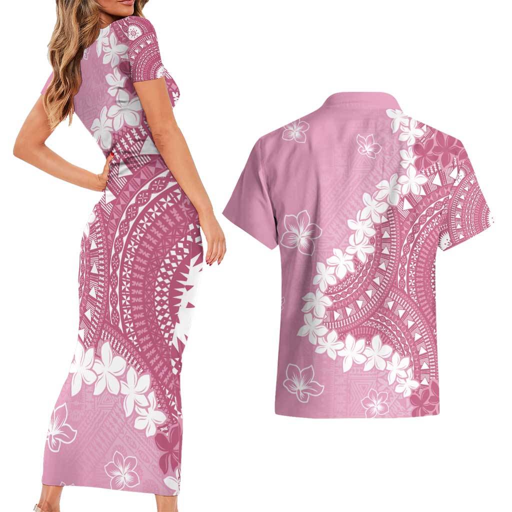 Bula Fiji Women's Day Couples Matching Short Sleeve Bodycon Dress and Hawaiian Shirt Pink Masi Tapa