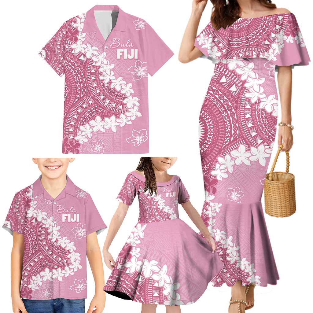 Bula Fiji Women's Day Family Matching Mermaid Dress and Hawaiian Shirt Pink Masi Tapa