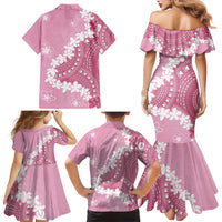 Bula Fiji Women's Day Family Matching Mermaid Dress and Hawaiian Shirt Pink Masi Tapa