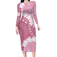 Bula Fiji Women's Day Long Sleeve Bodycon Dress Pink Masi Tapa