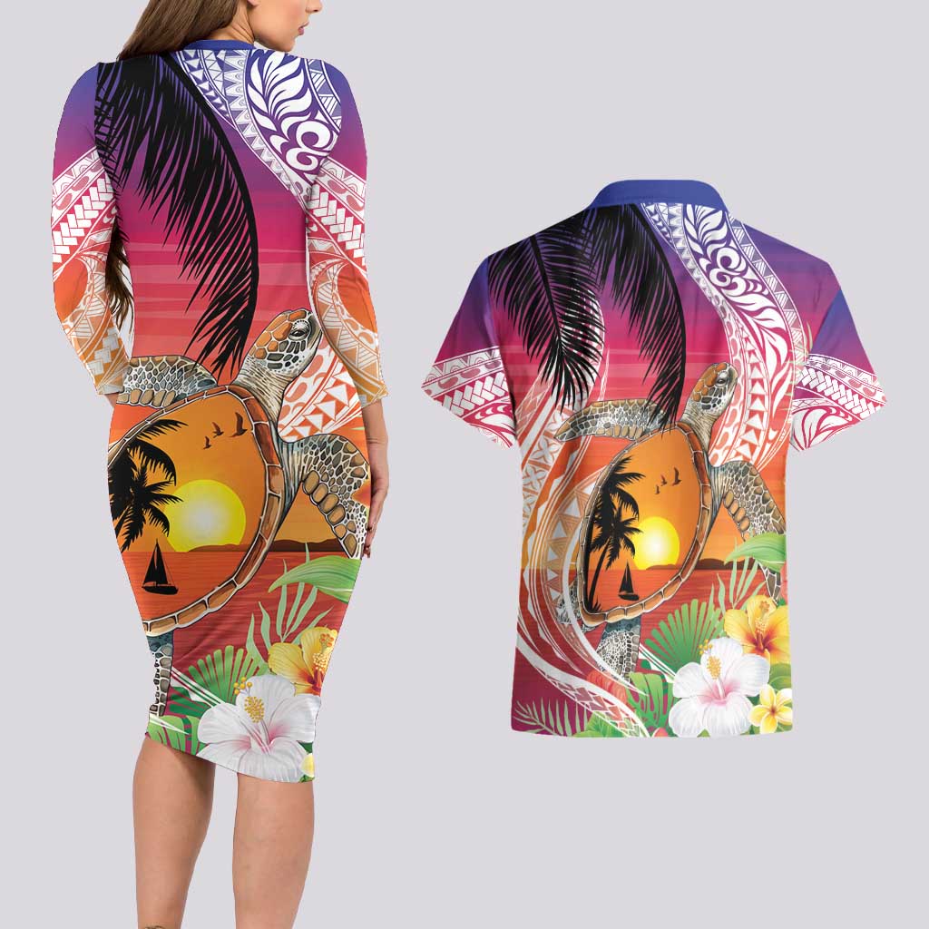 Polynesian Dreamy Turtle Couples Matching Long Sleeve Bodycon Dress and Hawaiian Shirt Sunset Scenery LT7 - Polynesian Pride
