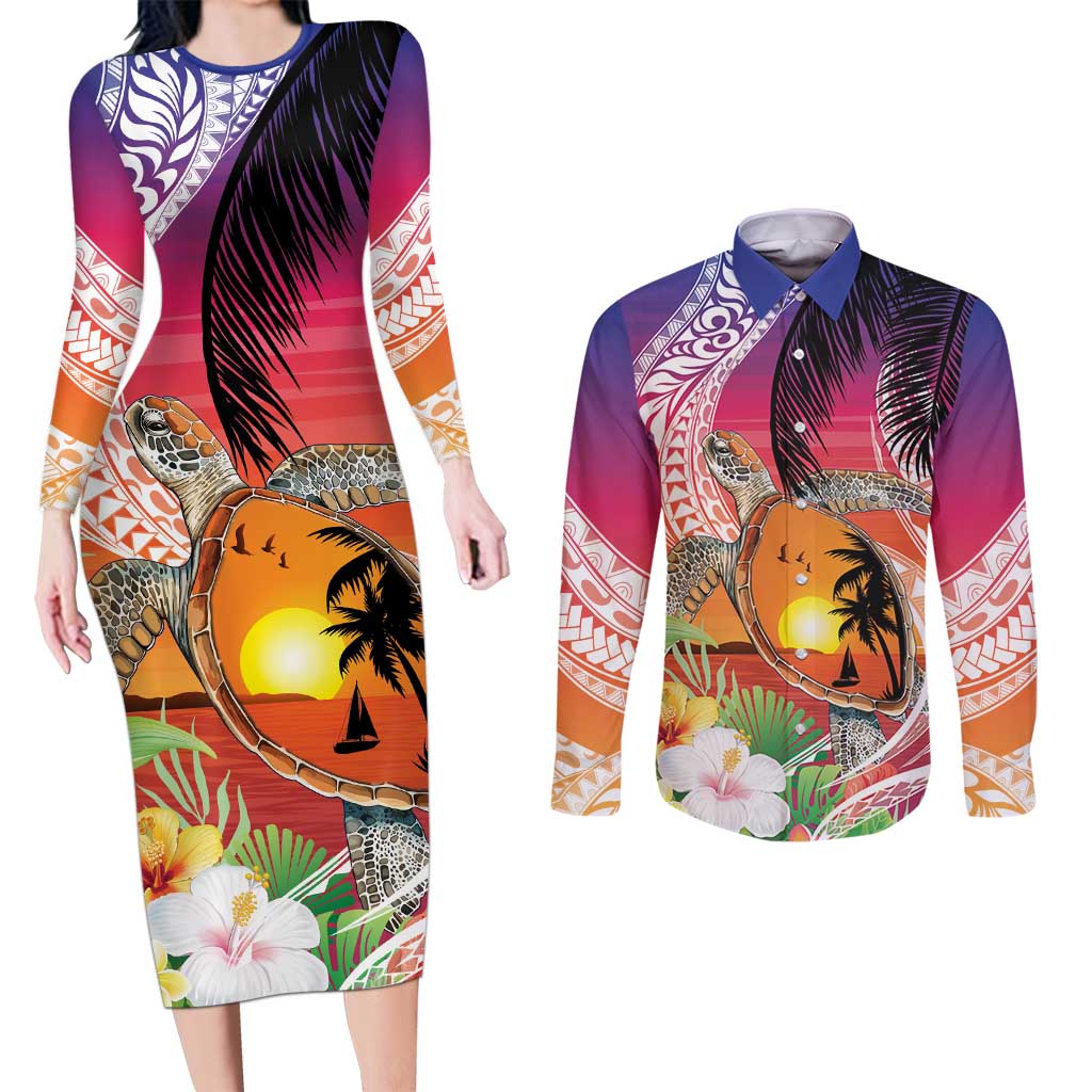 Polynesian Dreamy Turtle Couples Matching Long Sleeve Bodycon Dress and Long Sleeve Button Shirt Sunset Scenery LT7 Art - Polynesian Pride