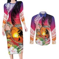 Polynesian Dreamy Turtle Couples Matching Long Sleeve Bodycon Dress and Long Sleeve Button Shirt Sunset Scenery LT7 Art - Polynesian Pride