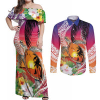 Polynesian Dreamy Turtle Couples Matching Off Shoulder Maxi Dress and Long Sleeve Button Shirt Sunset Scenery
