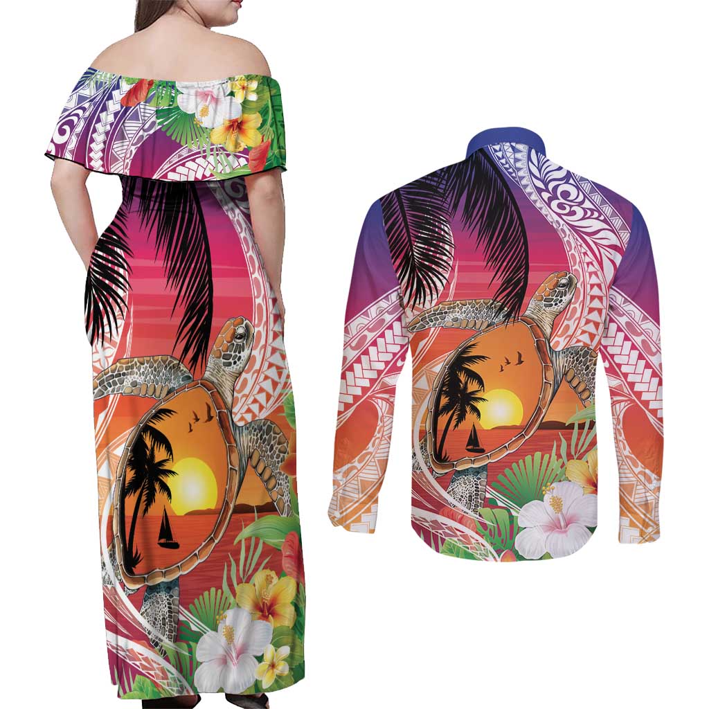 Polynesian Dreamy Turtle Couples Matching Off Shoulder Maxi Dress and Long Sleeve Button Shirt Sunset Scenery