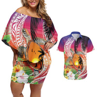 Polynesian Dreamy Turtle Couples Matching Off Shoulder Short Dress and Hawaiian Shirt Sunset Scenery LT7 Art - Polynesian Pride