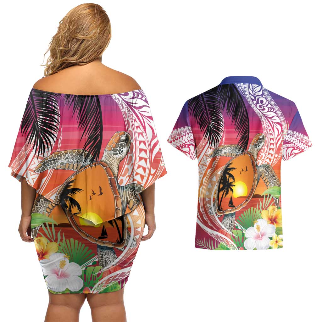 Polynesian Dreamy Turtle Couples Matching Off Shoulder Short Dress and Hawaiian Shirt Sunset Scenery LT7 - Polynesian Pride
