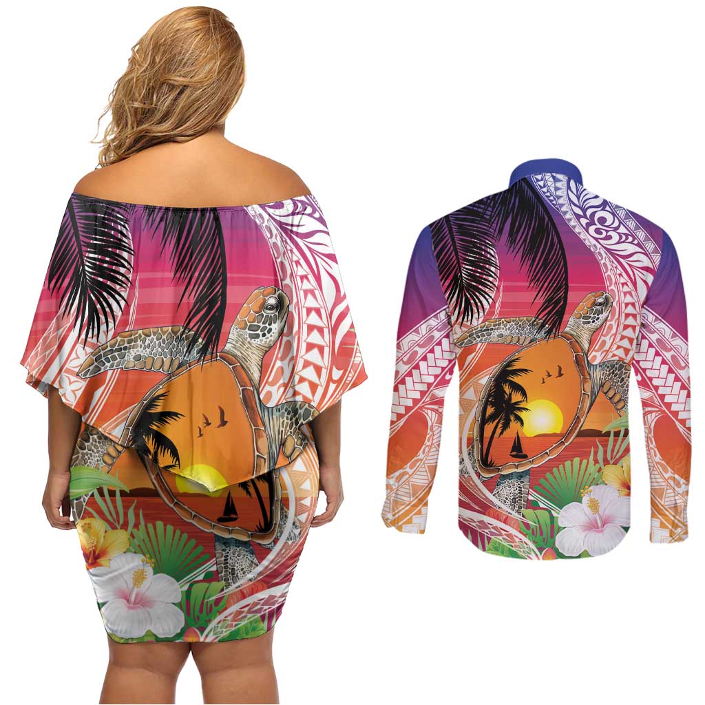 Polynesian Dreamy Turtle Couples Matching Off Shoulder Short Dress and Long Sleeve Button Shirt Sunset Scenery LT7 - Polynesian Pride