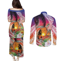 Polynesian Dreamy Turtle Couples Matching Puletasi and Long Sleeve Button Shirt Sunset Scenery LT7 - Polynesian Pride